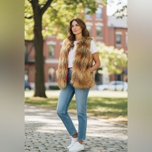 548 Brown Faux Fur Vest w/ Bold Orange Lining – Size M – Statement Fall Layer